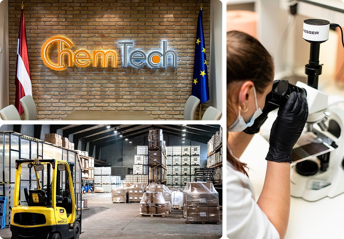 ChemTech in Riga: reception with the company sign, the warehouse, and quality control under the microscope in the laboratory